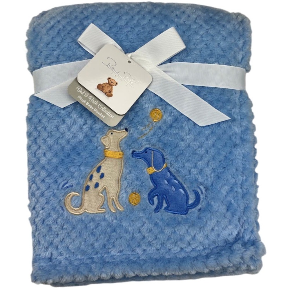 Rene‎ Rofe Blue Dog Ball Puppy Baby Blanket Textured Boy Bon Bebe NWT